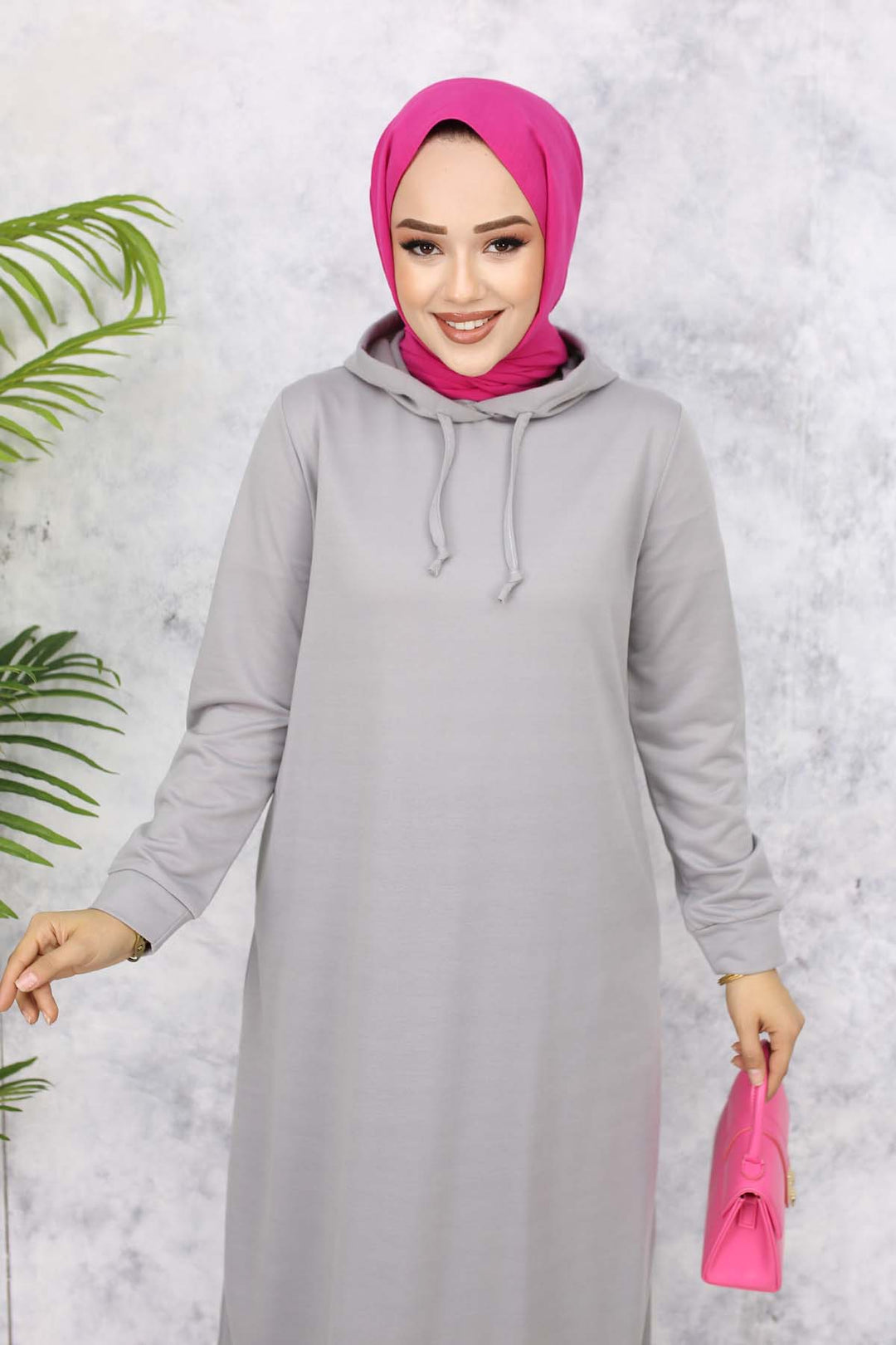 BNG Women Kapüşonlu Basic Elbise Gri 5042 - El Dorado Hills