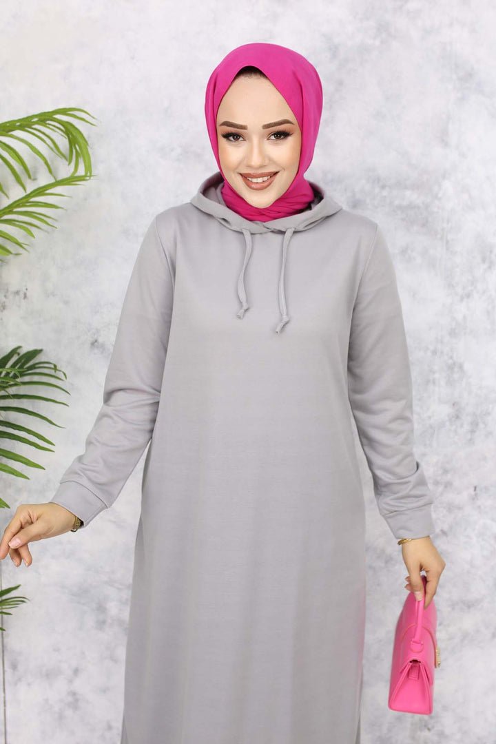BNG Women Kapüşonlu Basic Elbise Gri 5042 - El Dorado Hills