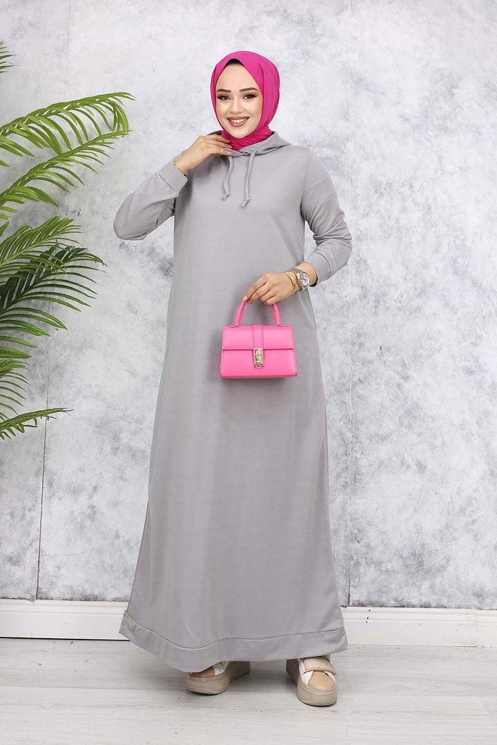 BNG Women Kapüşonlu Basic Elbise Gri 5042 - El Dorado Hills