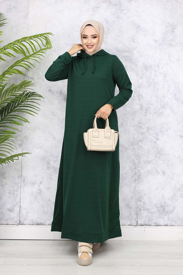 BNG Women Kapüşonlu Basic Elbise Zümrüt Yeşili 5042 - Adeje