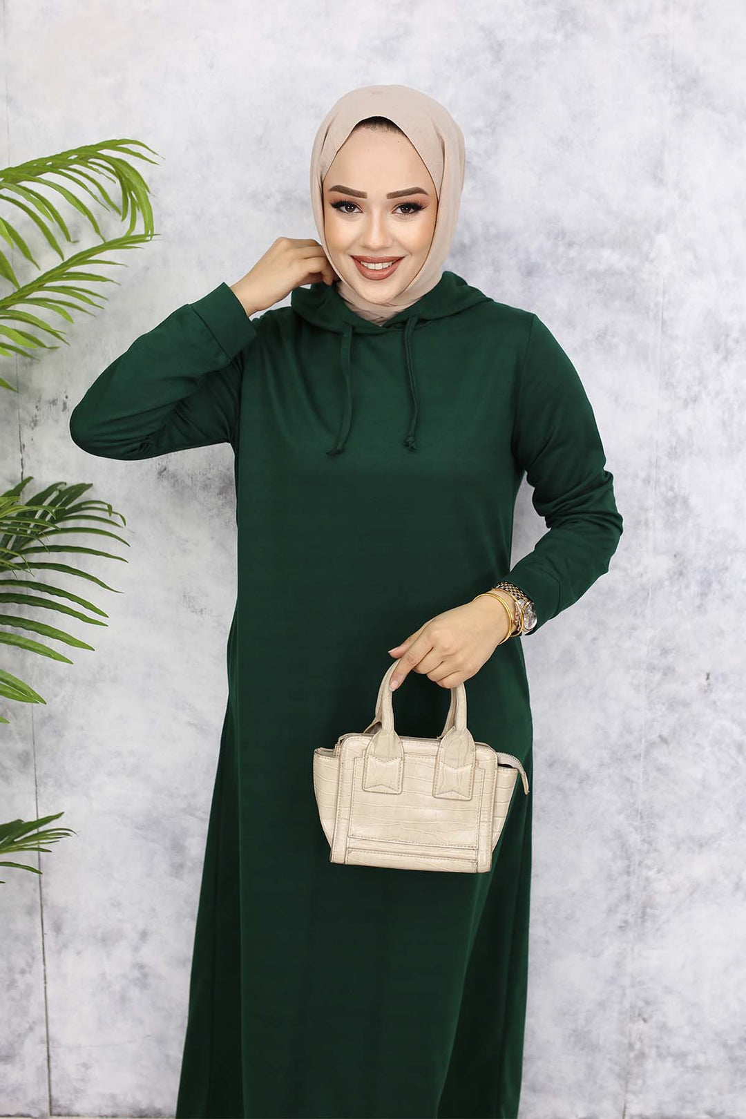 BNG Women Kapüşonlu Basic Elbise Zümrüt Yeşili 5042 - Adeje