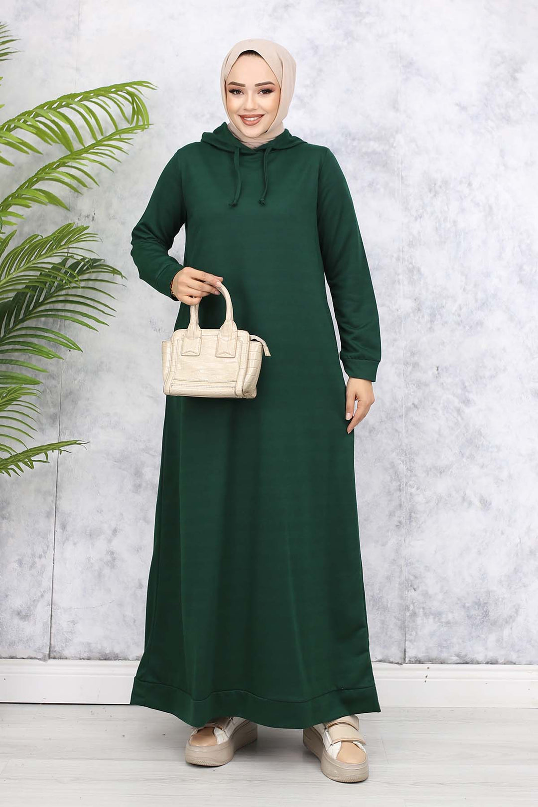 BNG Women Kapüşonlu Basic Elbise Zümrüt Yeşili 5042 - Adeje