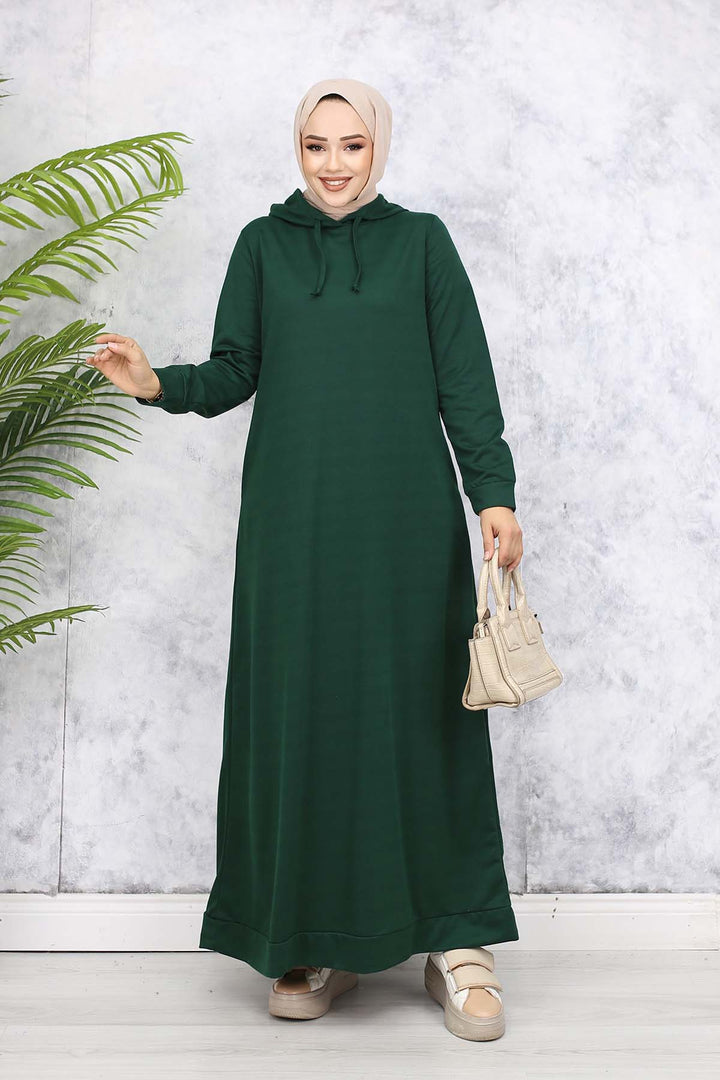 BNG Women Kapüşonlu Basic Elbise Zümrüt Yeşili 5042 - Adeje