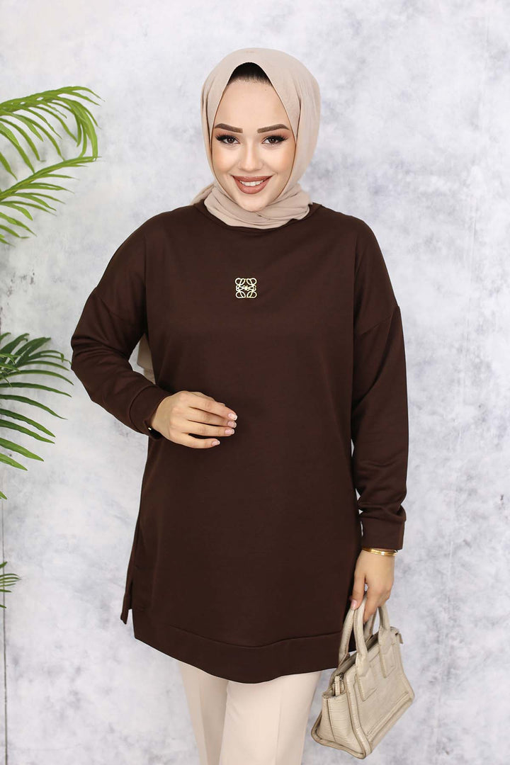 BNG Women Brooch Detailed Tunic 5034 Brown - Terneuzen