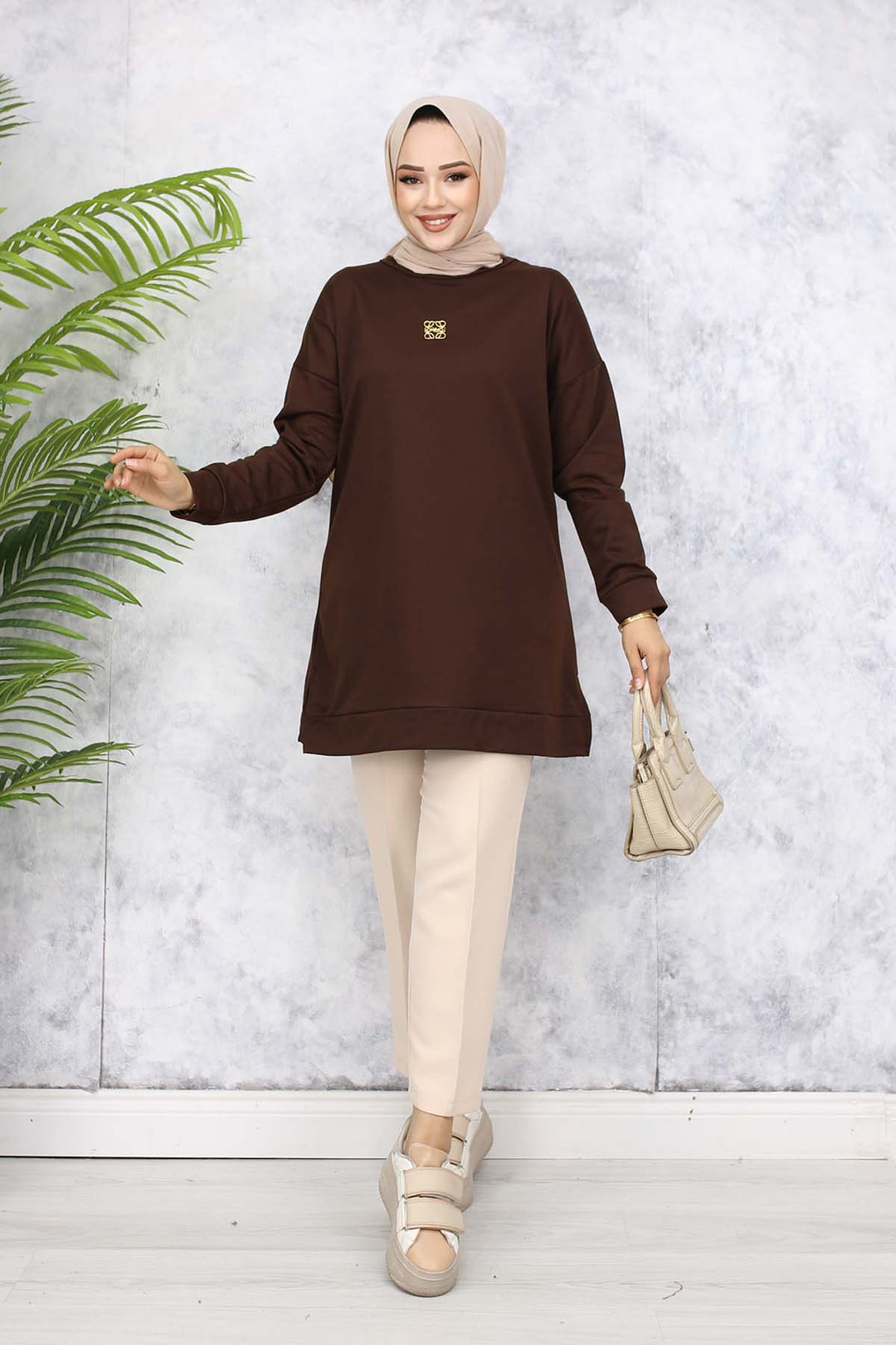 BNG Women Brooch Detailed Tunic 5034 Brown - Terneuzen