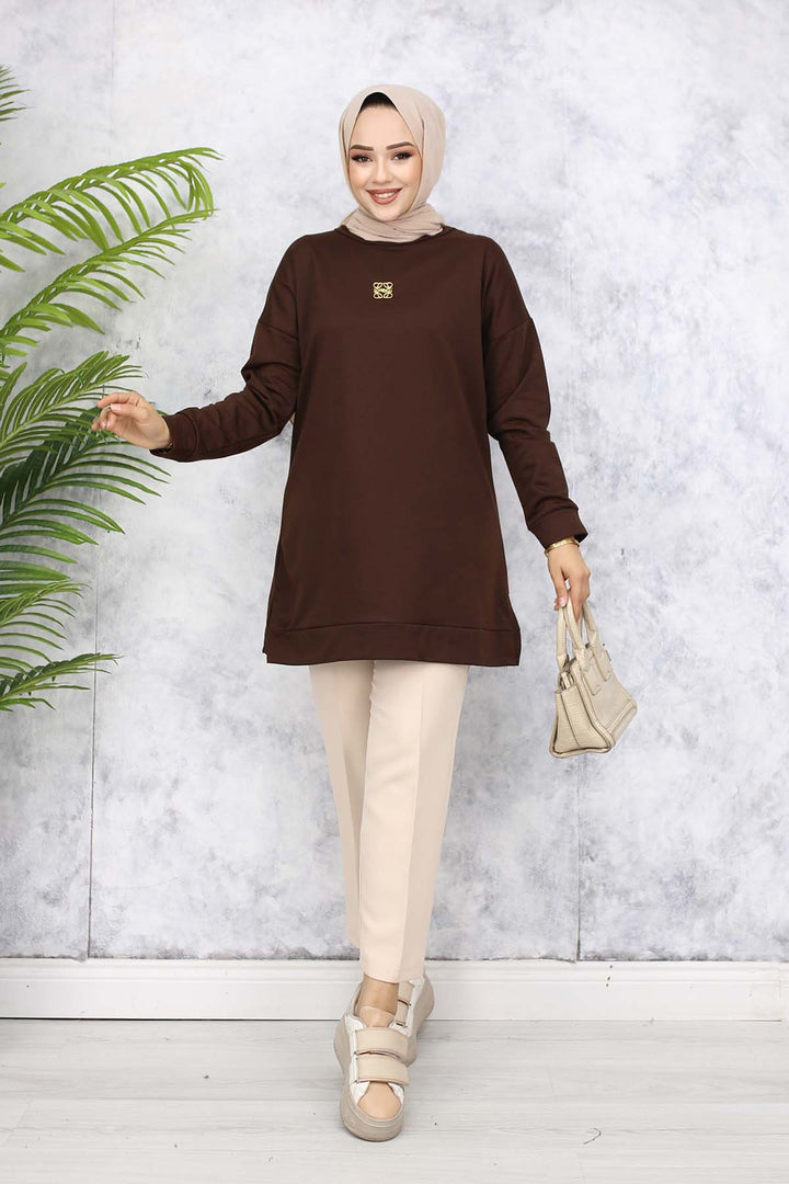 BNG Women Brooch Detailed Tunic 5034 Brown - Terneuzen