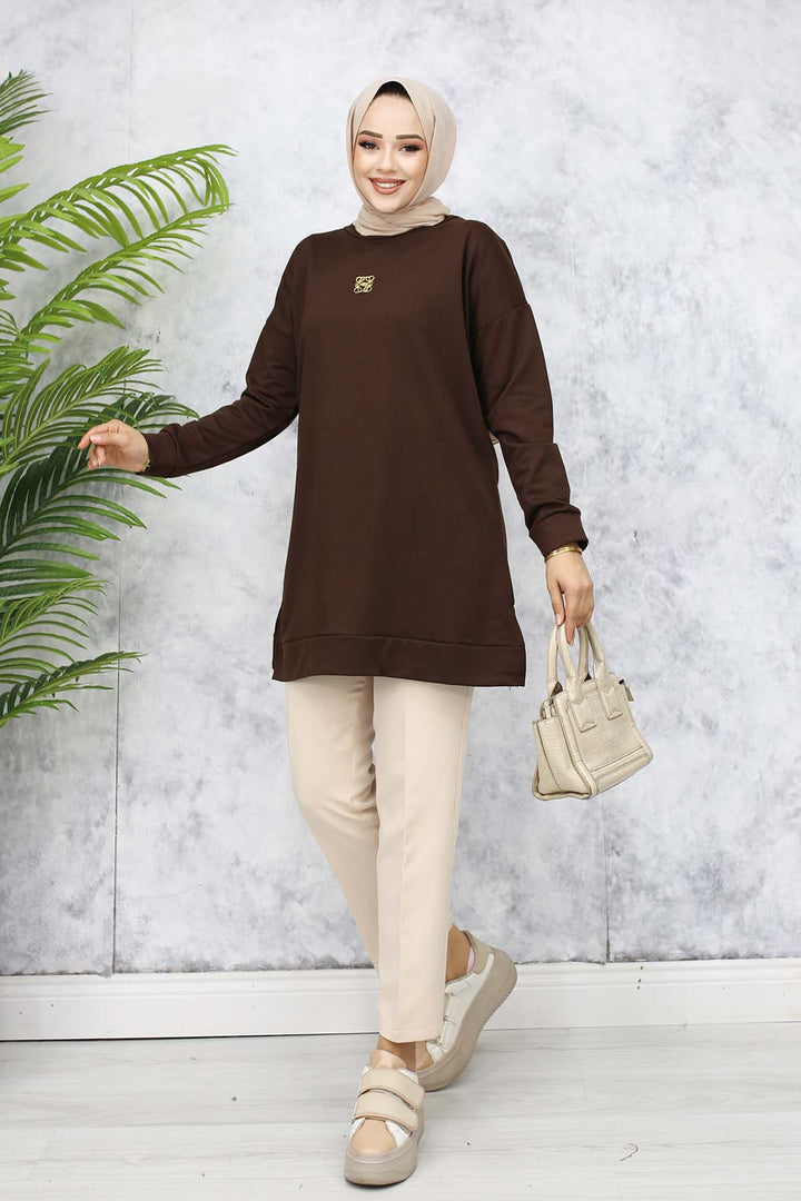BNG Women Brooch Detailed Tunic 5034 Brown - Terneuzen