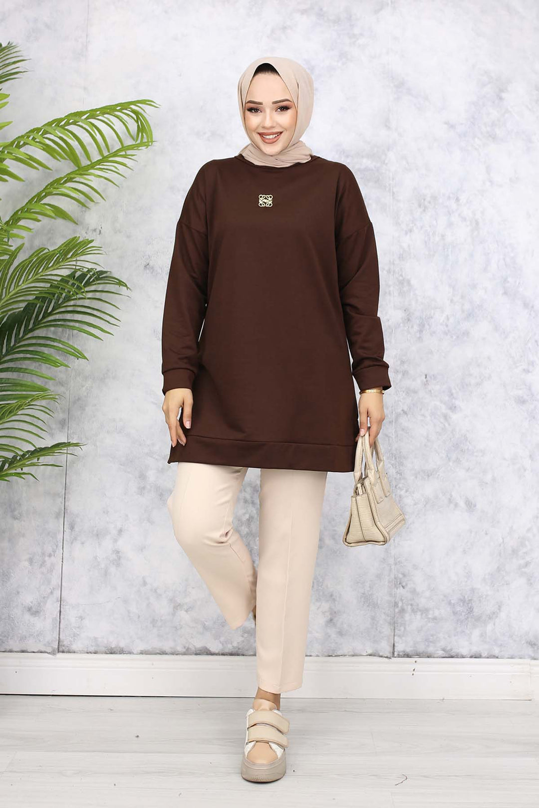 BNG Women Brooch Detailed Tunic 5034 Brown - Terneuzen