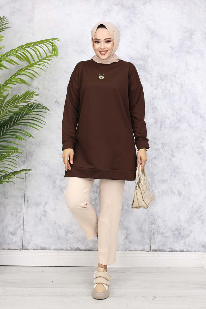 BNG Women Brooch Detailed Tunic 5034 Brown - Terneuzen