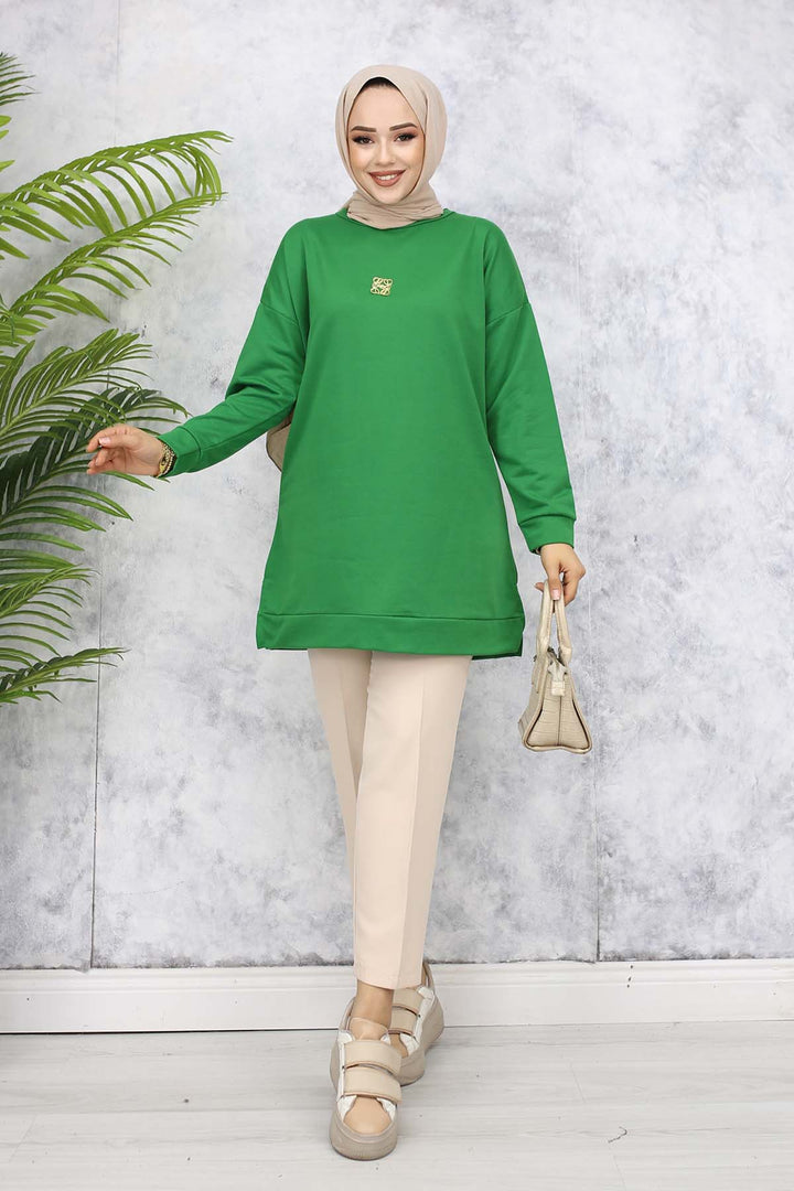 BNG Women Brooch Detailed Tunic 5034 Green - Barnsley