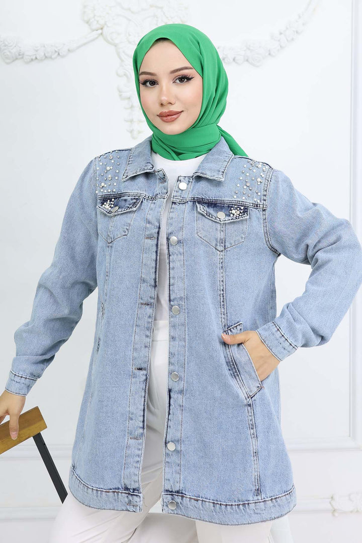 BNG Women İnci Detaylı Kot Ceket Mavi 7807 - Smyrna