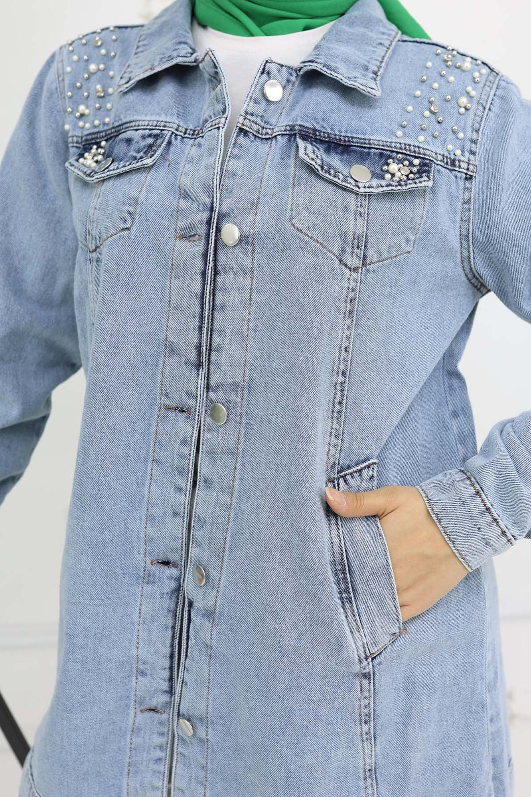 BNG Women İnci Detaylı Kot Ceket Mavi 7807 - Smyrna