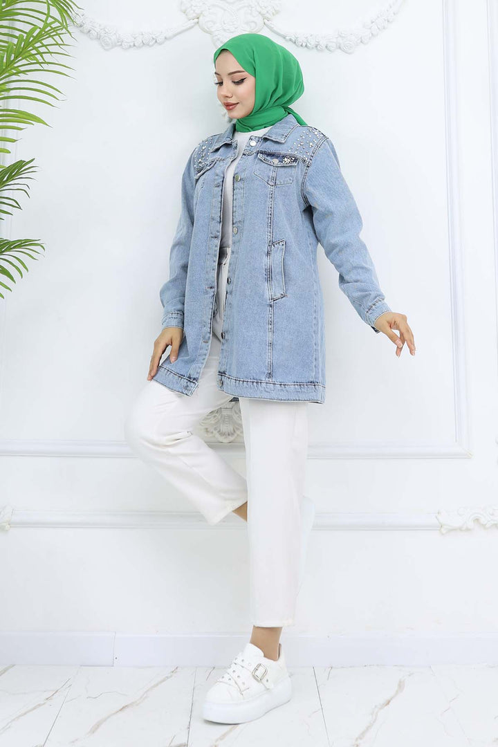 BNG Women İnci Detaylı Kot Ceket Mavi 7807 - Smyrna