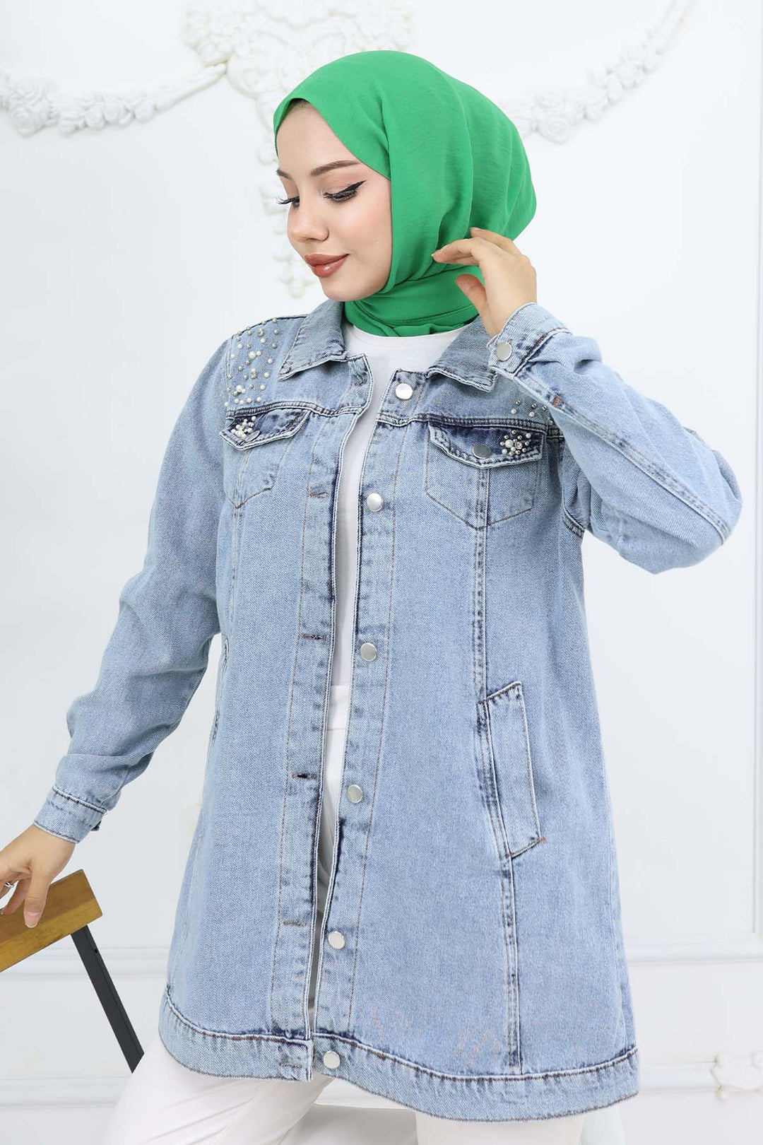 BNG Women İnci Detaylı Kot Ceket Mavi 7807 - Smyrna