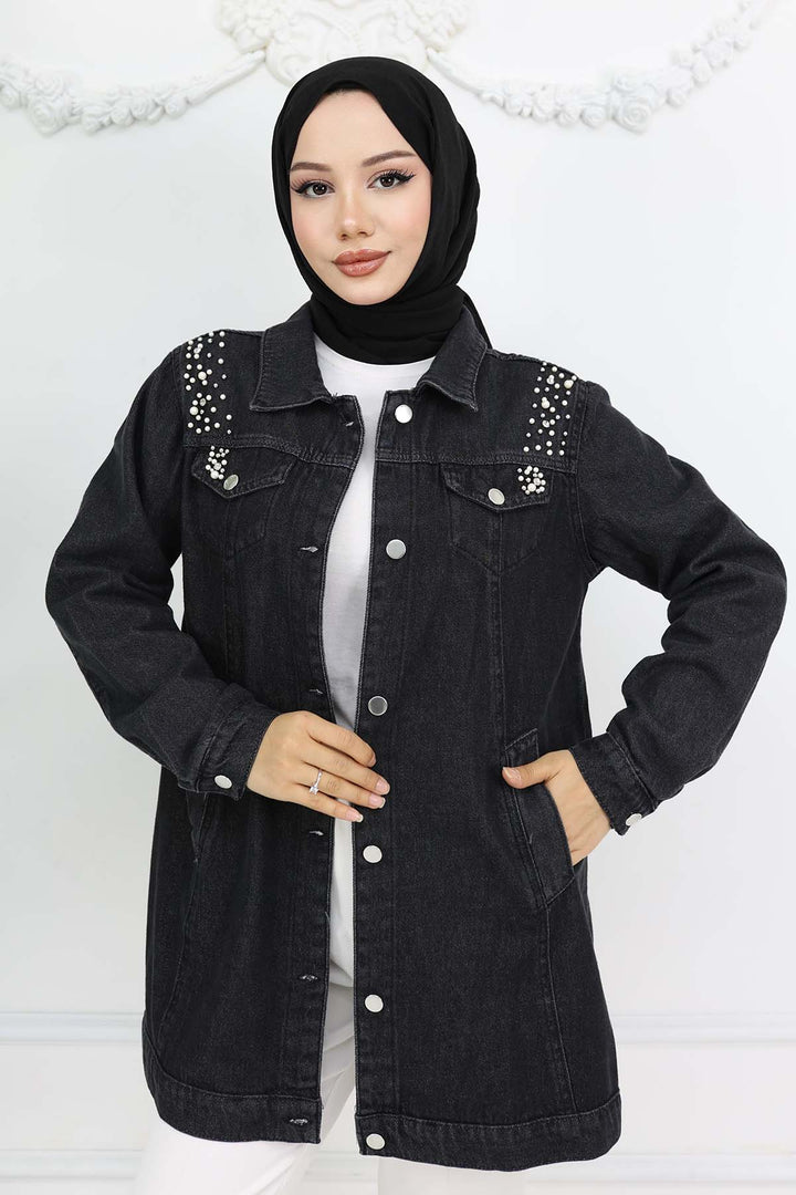 BNG Women İnci Detaylı Kot Ceket Siyah 7807 - Iguala de la Independencia