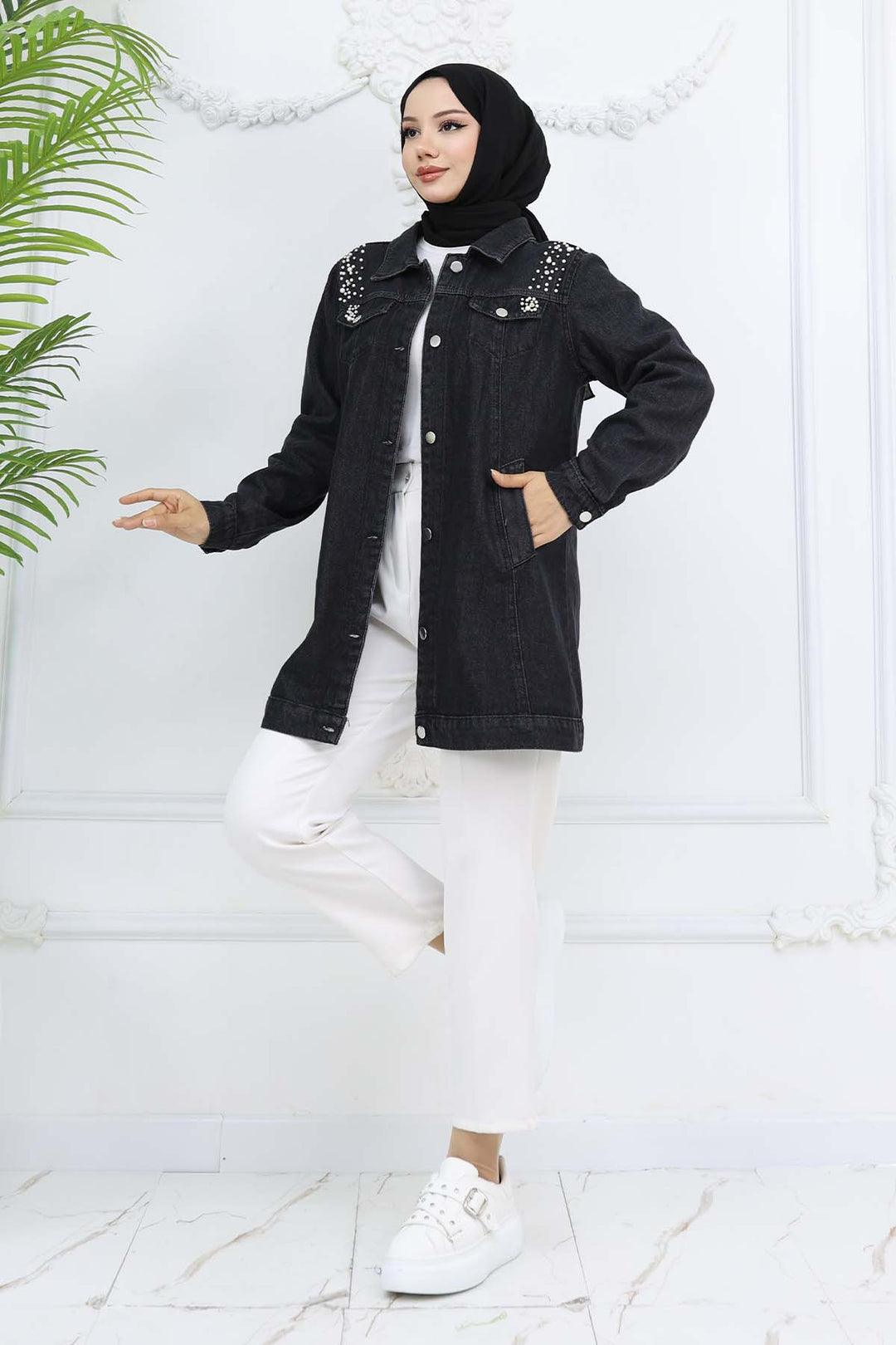 BNG Women İnci Detaylı Kot Ceket Siyah 7807 - Iguala de la Independencia