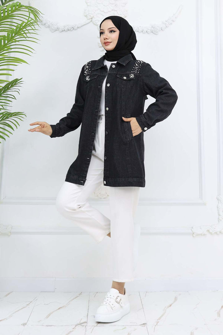 BNG Women İnci Detaylı Kot Ceket Siyah 7807 - Iguala de la Independencia