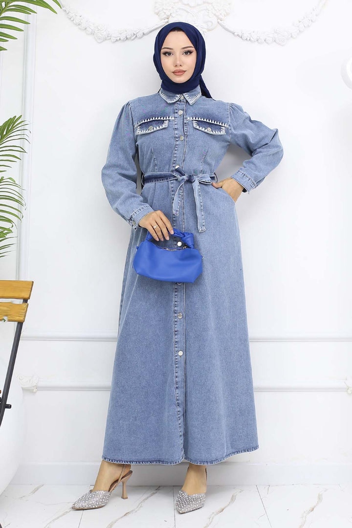 BNG Women Nakış Detaylı Kot Elbise Mavi 6108 - Emsdetten