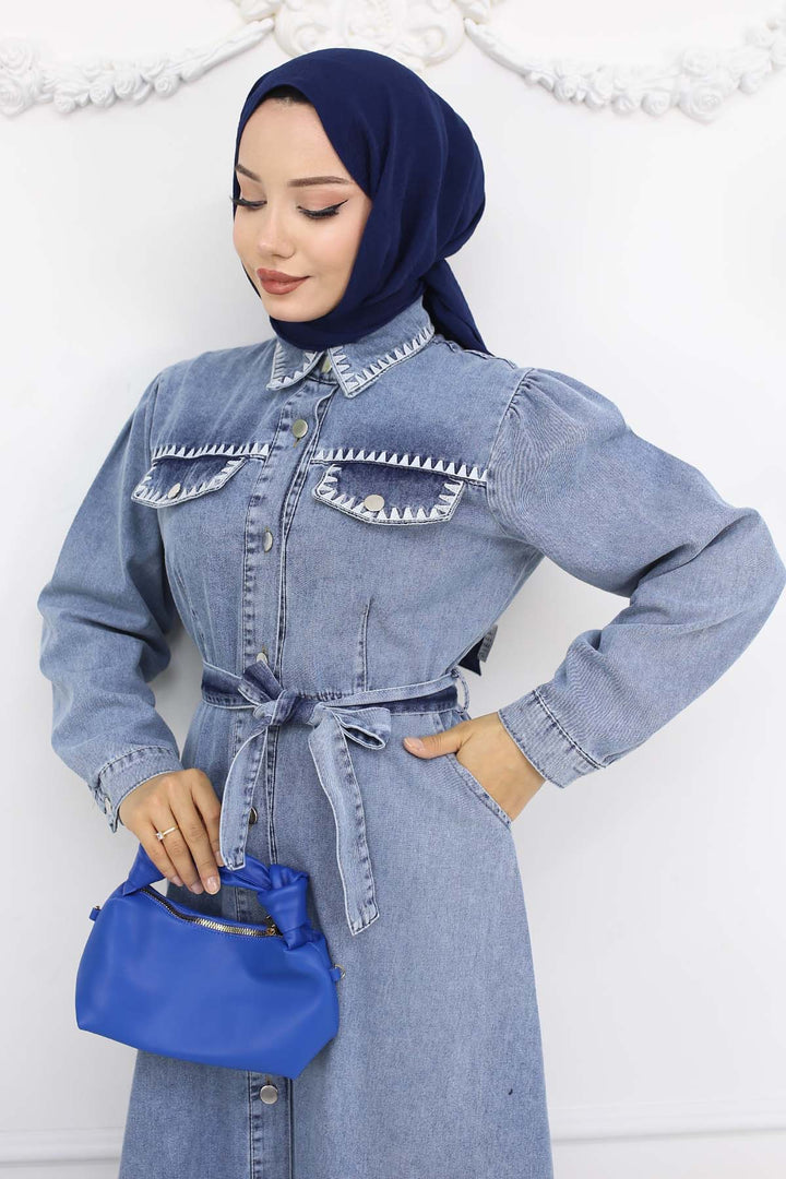 BNG Women Nakış Detaylı Kot Elbise Mavi 6108 - Emsdetten