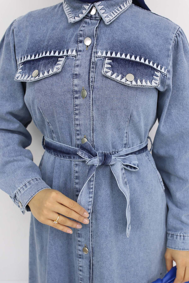 BNG Women Nakış Detaylı Kot Elbise Mavi 6108 - Emsdetten