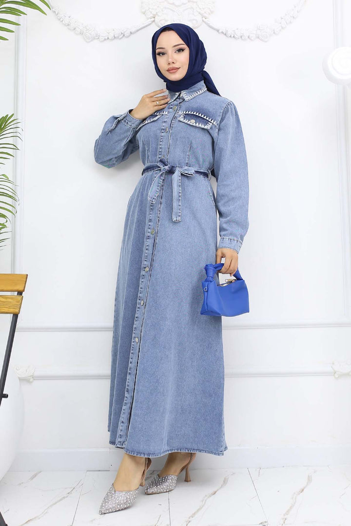 BNG Women Nakış Detaylı Kot Elbise Mavi 6108 - Emsdetten