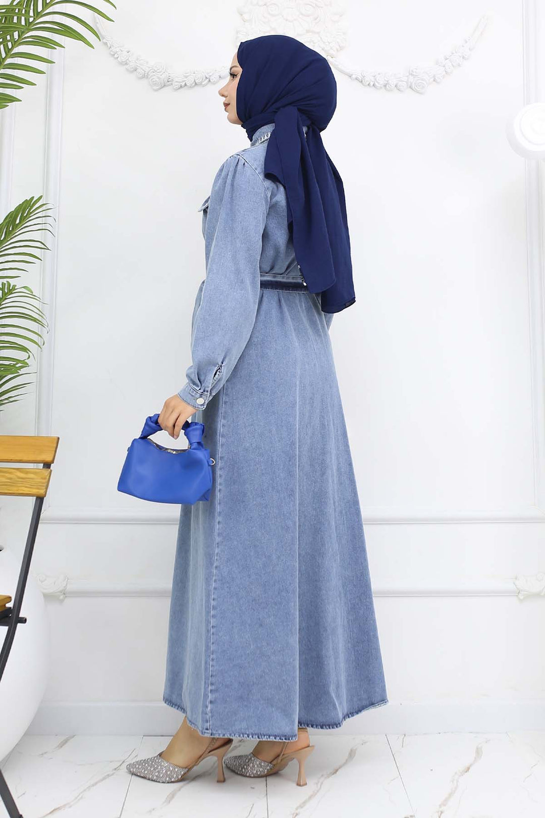 BNG Women Nakış Detaylı Kot Elbise Mavi 6108 - Emsdetten