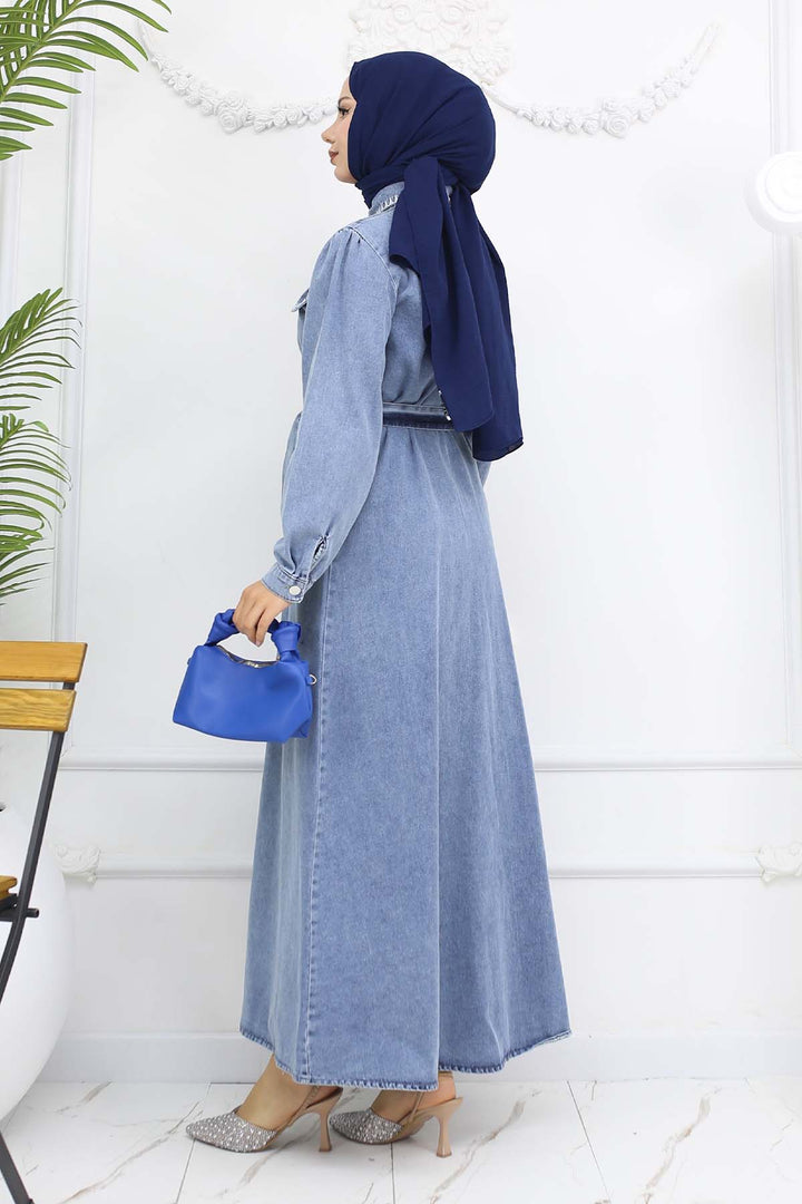 BNG Women Nakış Detaylı Kot Elbise Mavi 6108 - Emsdetten