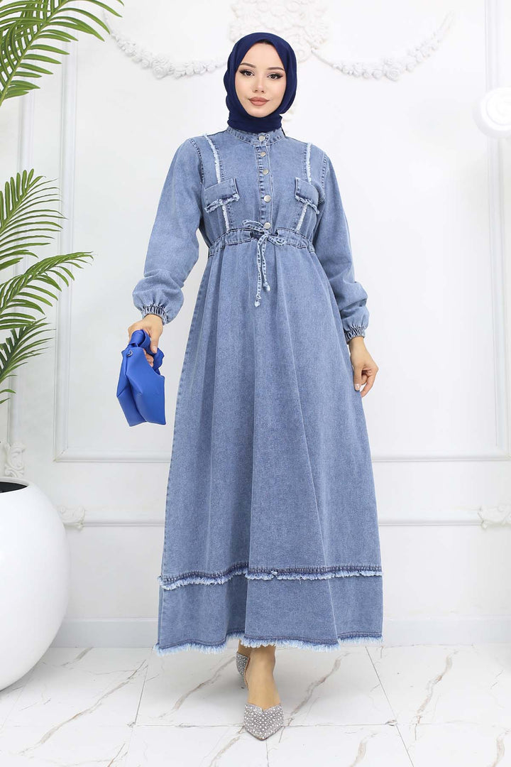 BNG Women Waist Ruffled Denim Dress Blue 6824 - Fedosiia