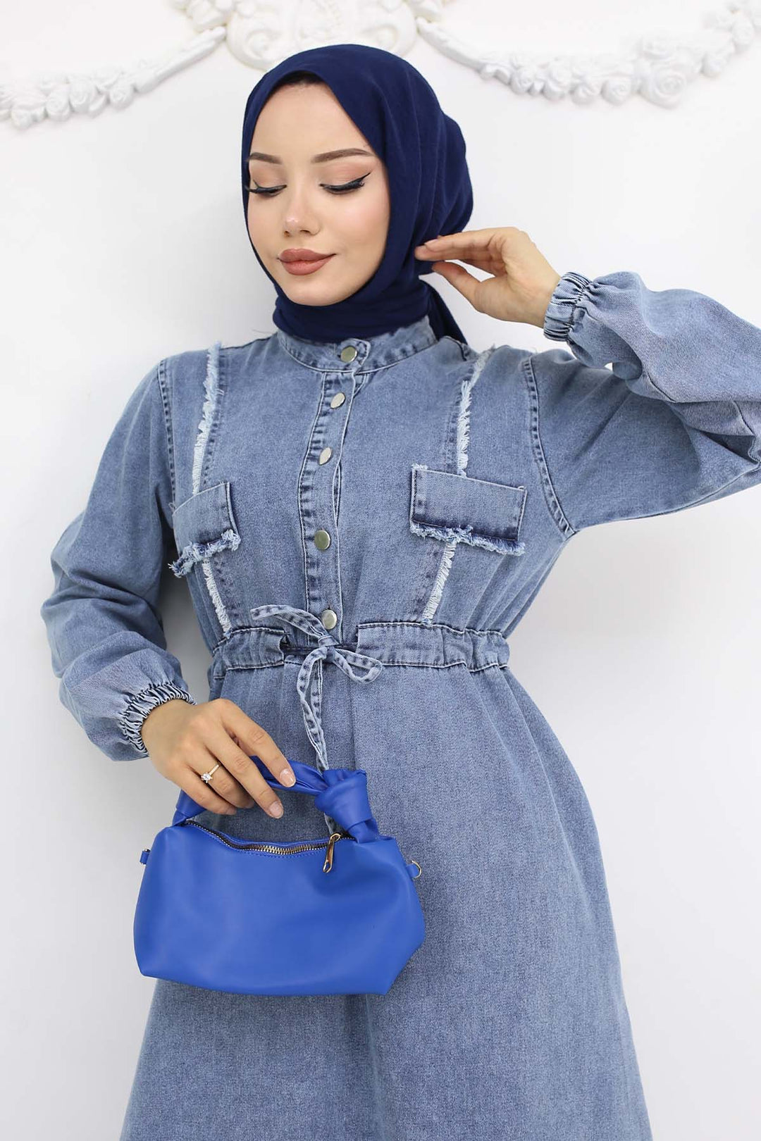 BNG Women Waist Ruffled Denim Dress Blue 6824 - Fedosiia