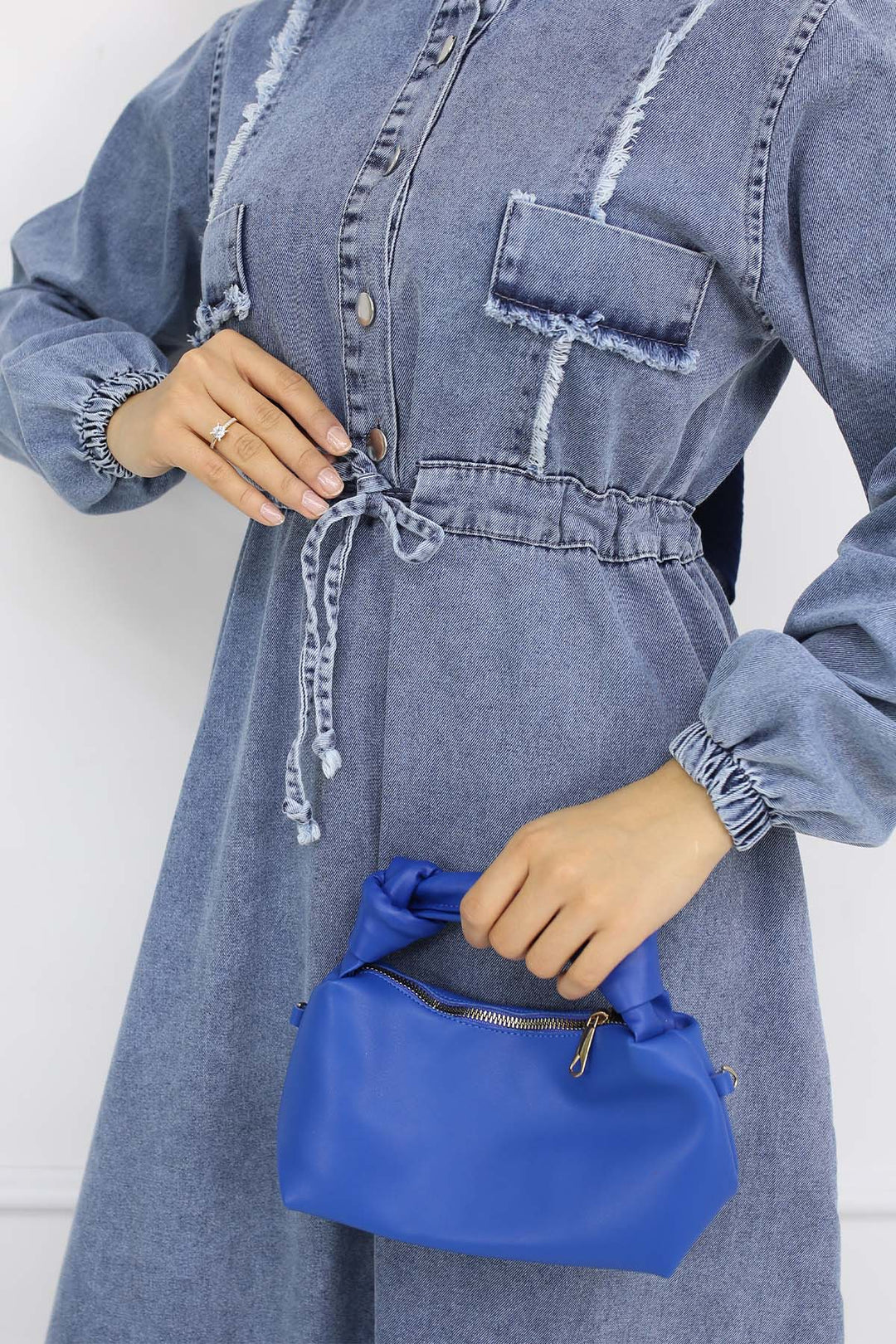 BNG Women Waist Ruffled Denim Dress Blue 6824 - Fedosiia