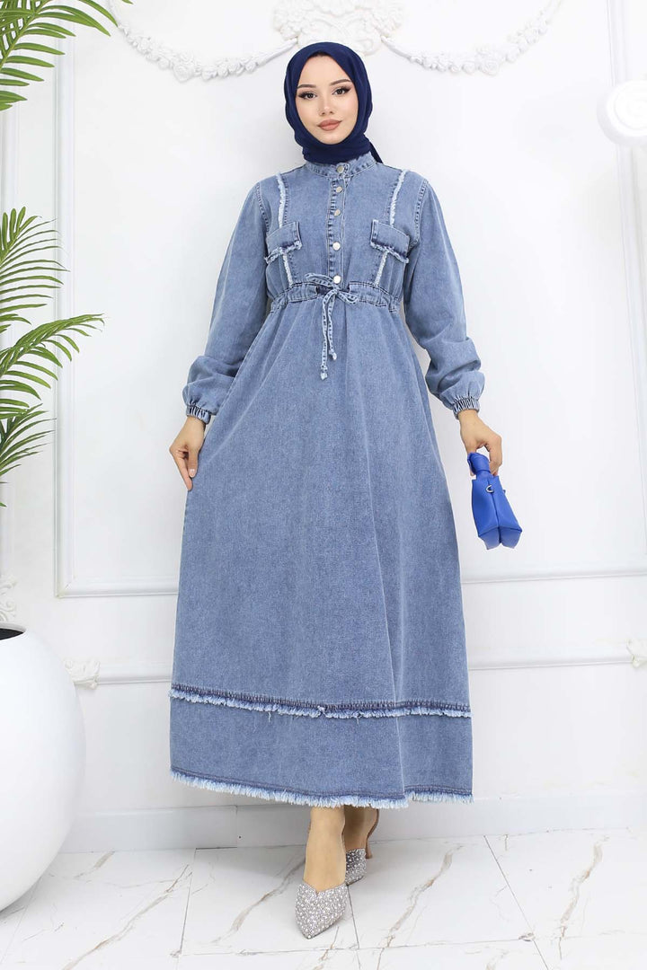 BNG Women Waist Ruffled Denim Dress Blue 6824 - Fedosiia