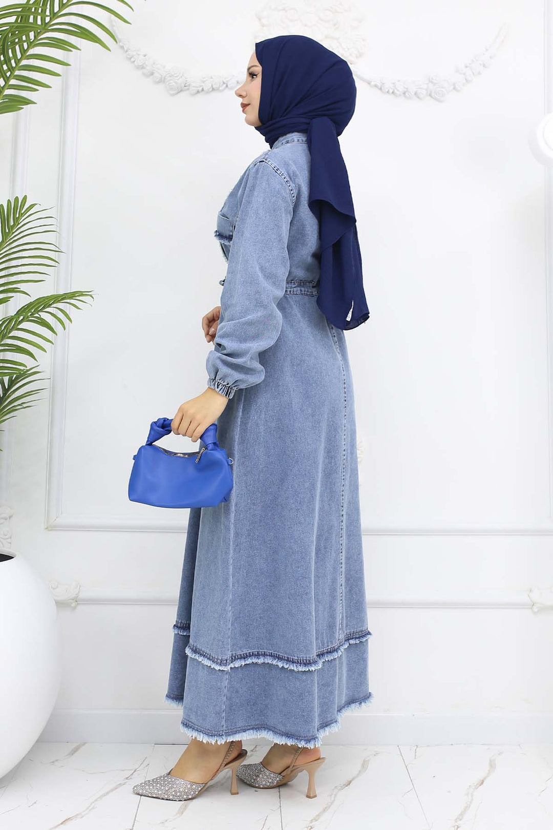 BNG Women Waist Ruffled Denim Dress Blue 6824 - Fedosiia