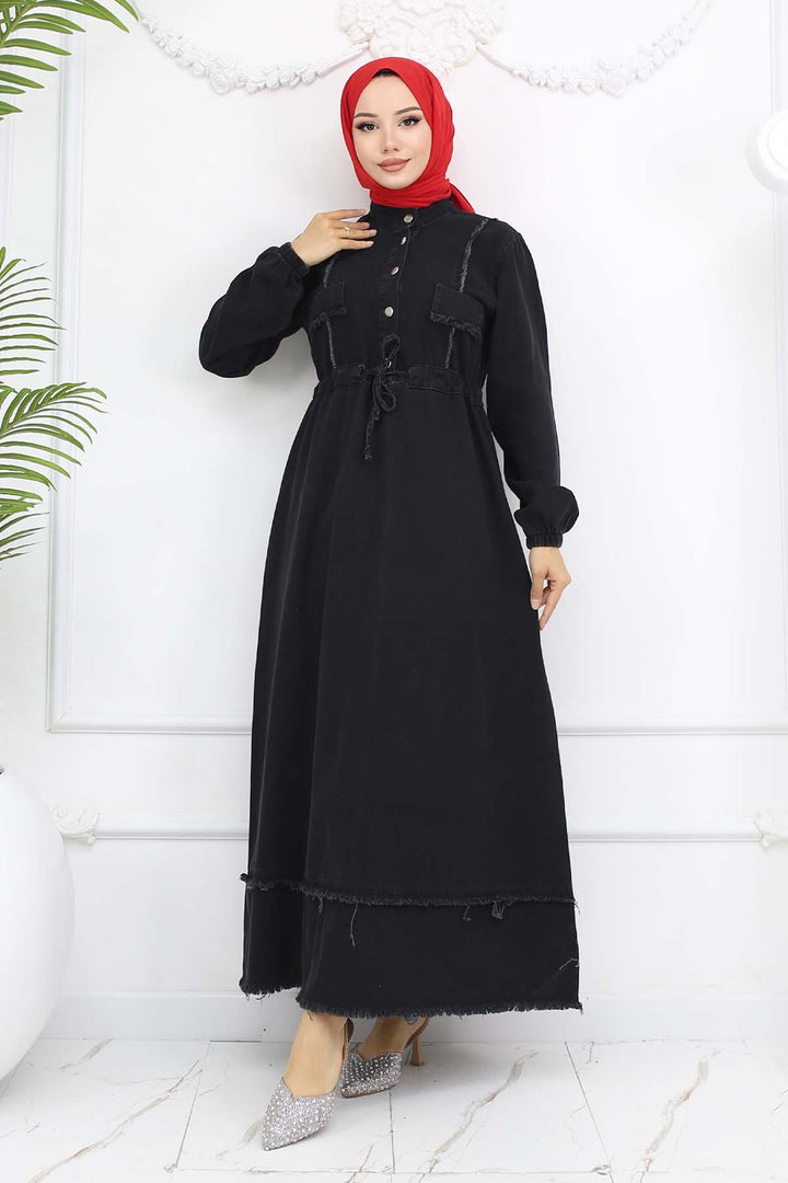 BNG Women Waist Ruffled Denim Dress Black 6824 - Cerveteri