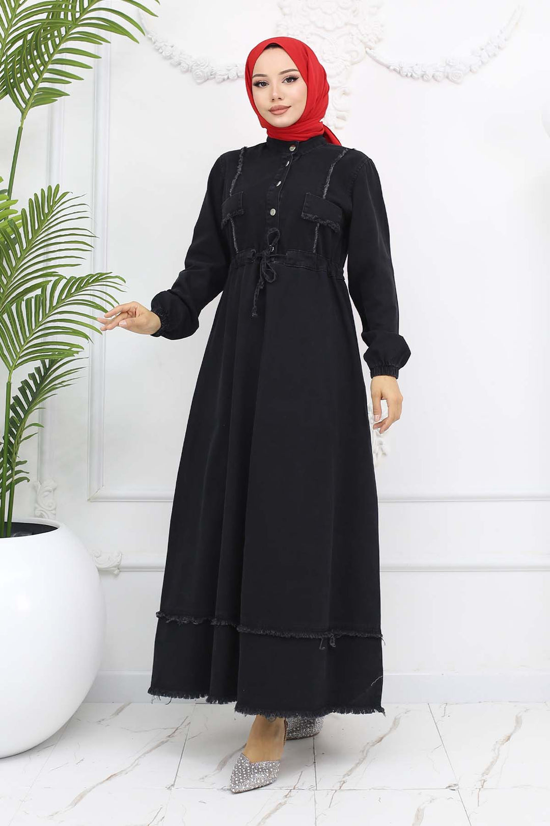 BNG Women Waist Ruffled Denim Dress Black 6824 - Cerveteri