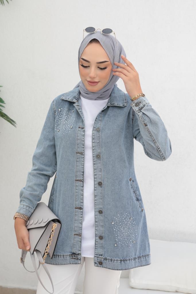 BNG سترة نسائية من الدنيم مزينة بالأحجار باللون الأزرق - كليرمونت