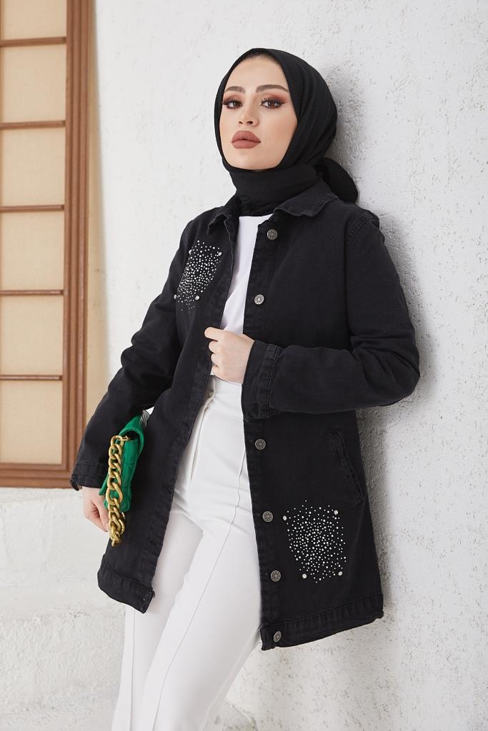 BNG سترة نسائية من الدنيم مزينة بالأحجار باللون الأسود - كليرمونت