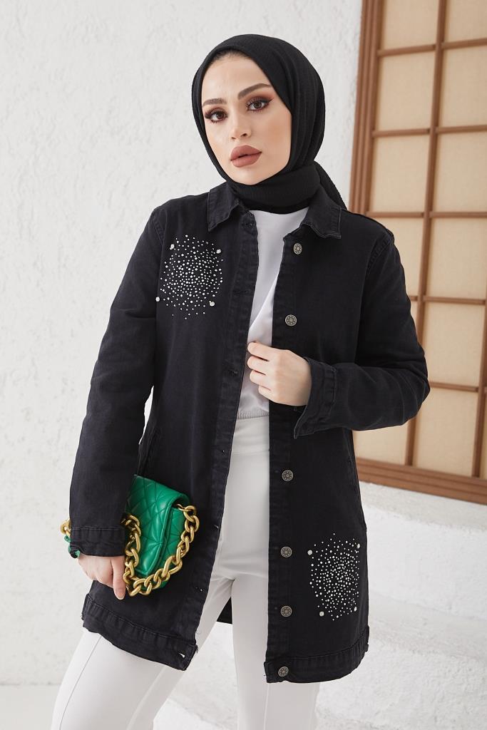 BNG سترة نسائية من الدنيم مزينة بالأحجار باللون الأسود - كليرمونت