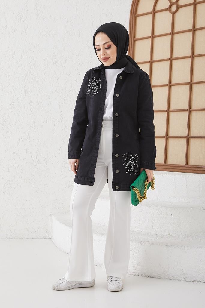 BNG سترة نسائية من الدنيم مزينة بالأحجار باللون الأسود - كليرمونت