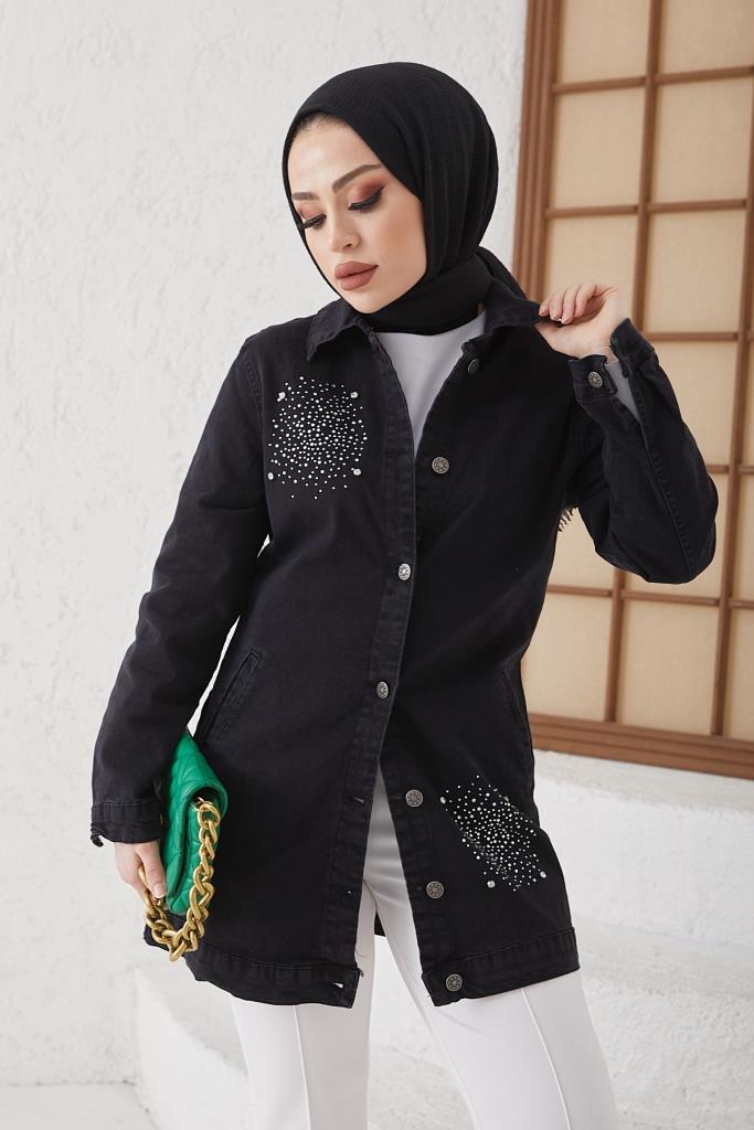 BNG سترة نسائية من الدنيم مزينة بالأحجار باللون الأسود - كليرمونت