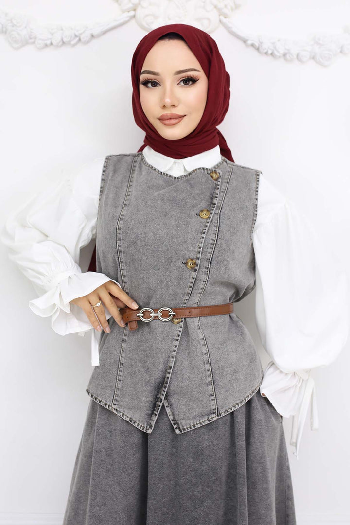 BNG Women Vest Skirt Duo Denim Suit Gray 357 - Joué-lés-Tours