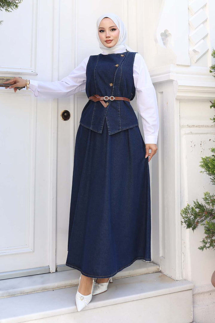 BNG Women Yelek Etek İkili Kot Takım Lacivert 357 - Olhão