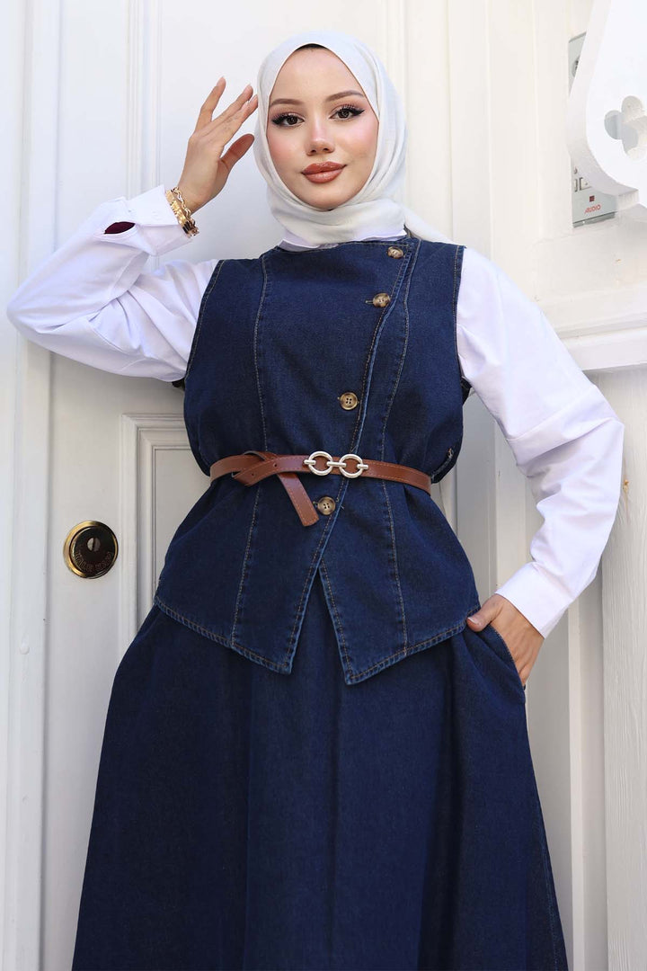 BNG Women Yelek Etek İkili Kot Takım Lacivert 357 - Olhão