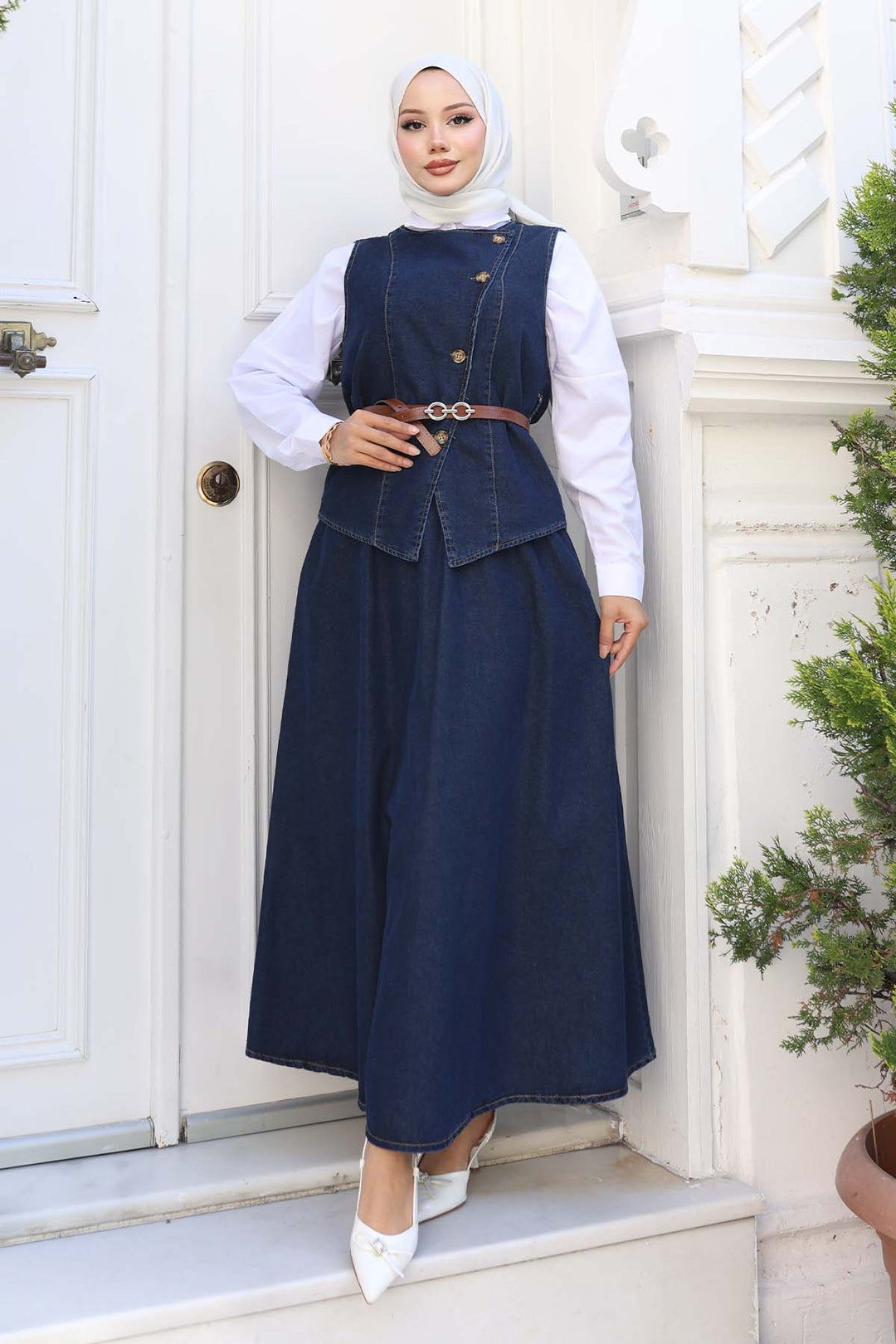 BNG Women Yelek Etek İkili Kot Takım Lacivert 357 - Olhão