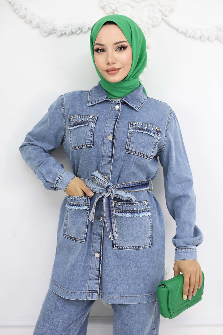 BNG Women Taş Detaylı Kuşaklı Kot Takım Mavi 2103 - Gloucester