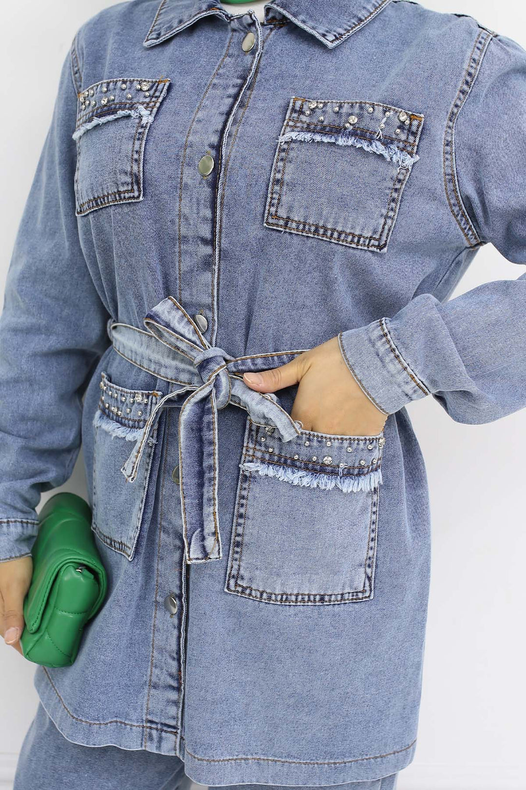 BNG Women Taş Detaylı Kuşaklı Kot Takım Mavi 2103 - Gloucester