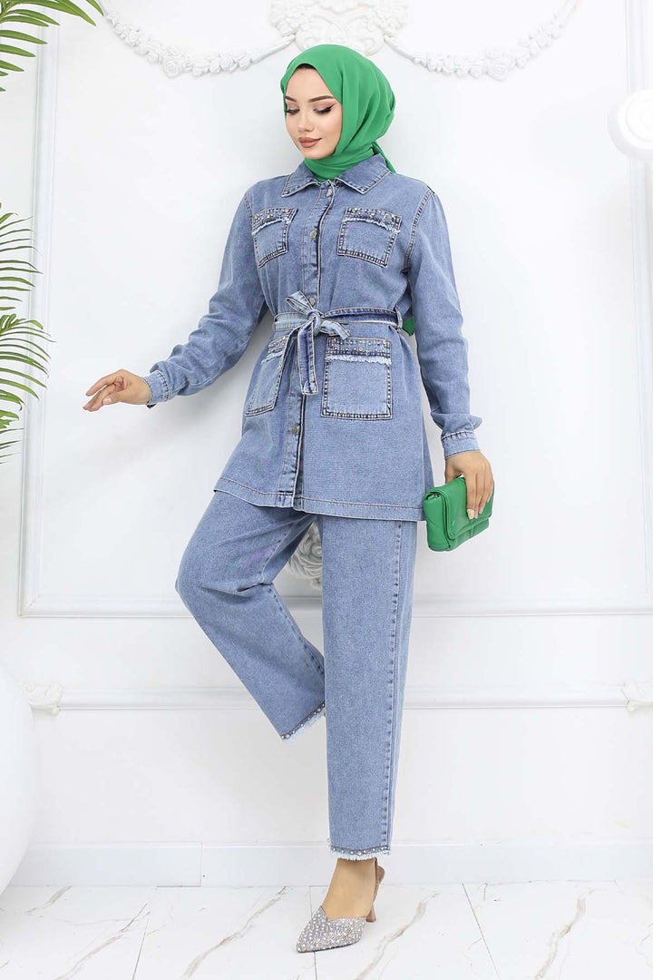 BNG Women Taş Detaylı Kuşaklı Kot Takım Mavi 2103 - Gloucester