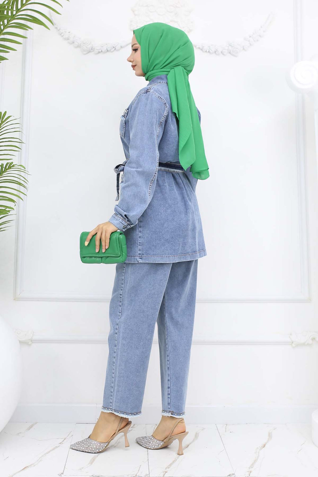 BNG Women Taş Detaylı Kuşaklı Kot Takım Mavi 2103 - Gloucester