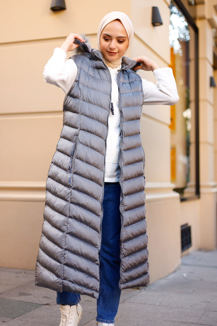 BNG Women Long Collar Fur-Lined Padded Vest Gray - Clermont