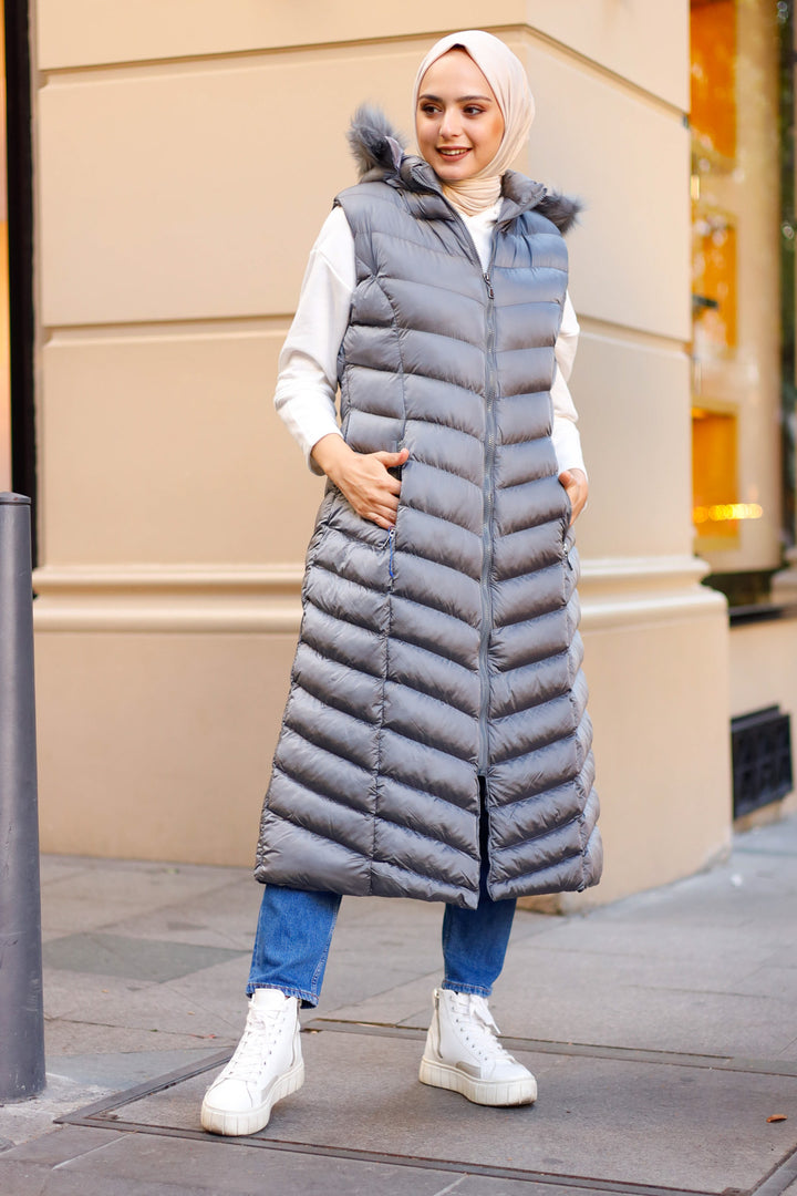 BNG Women Long Collar Fur-Lined Padded Vest Gray - Clermont
