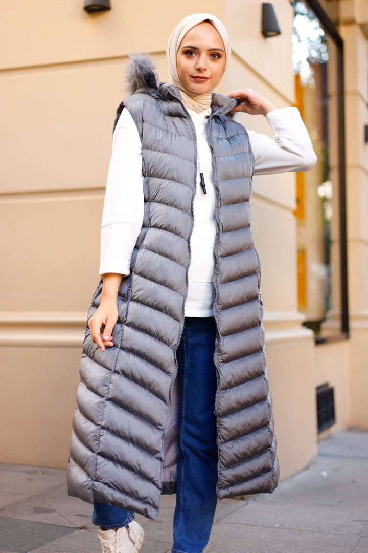 BNG Women Long Collar Fur-Lined Padded Vest Gray - Clermont